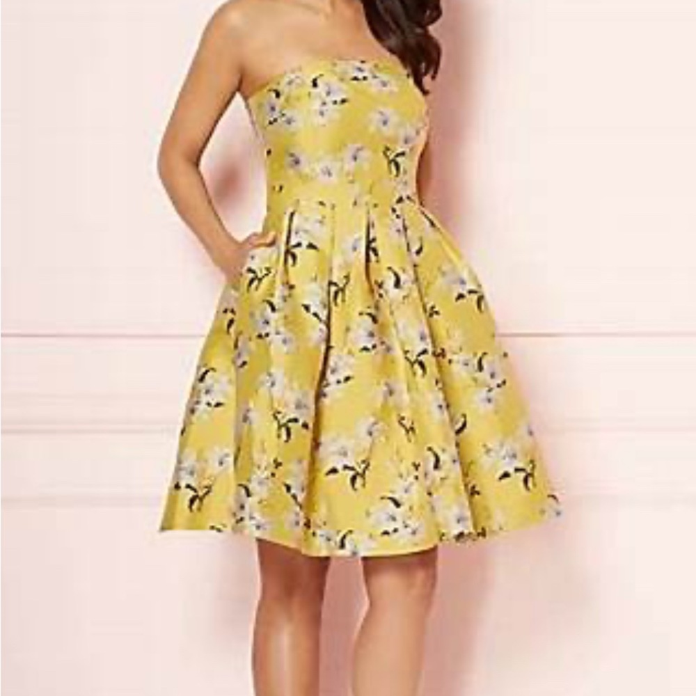 New York & Company Strapless Yellow Floral Dress